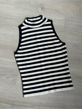 Milly Black & Ivory Striped Mock Neck Sleeveless Knit Top S
